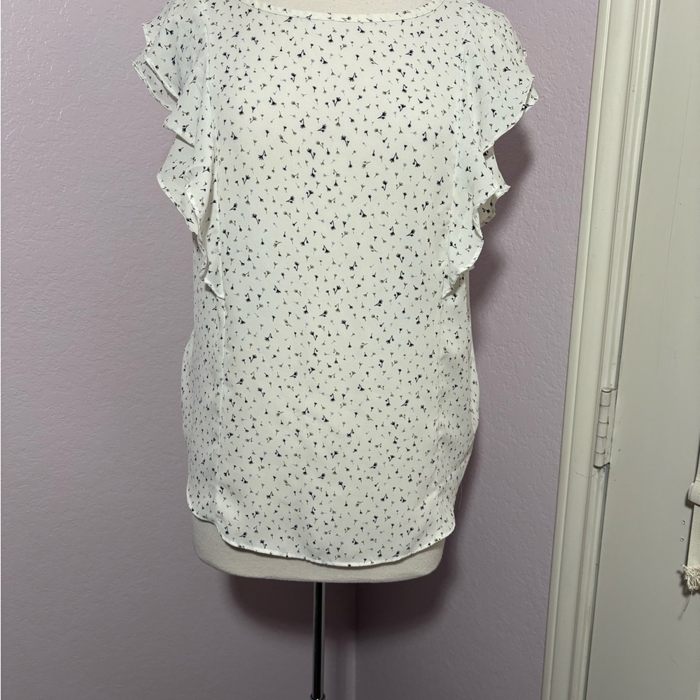 LOFT White Ruffled Blouse with Floral Print. Size L